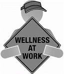 cartoon man holding a sign that says "Wellness at work"