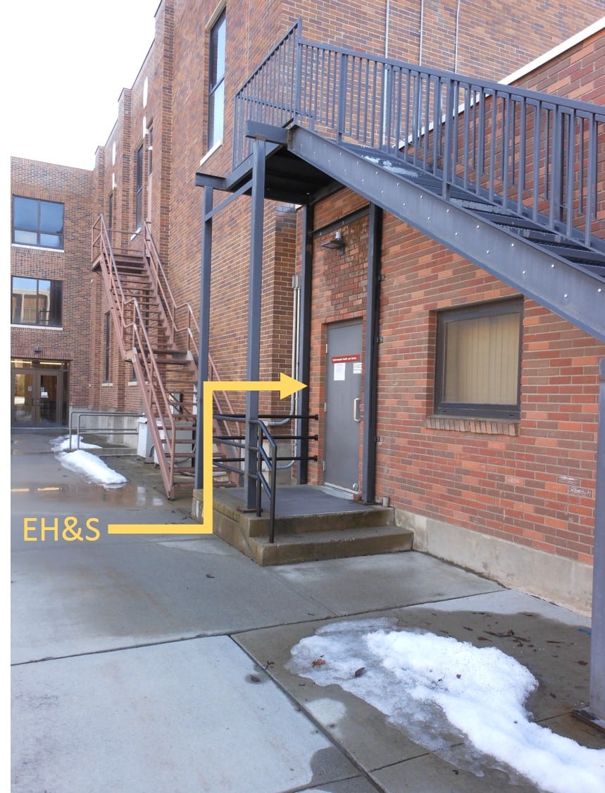 Image showing the location of the EH&S offices, taken standing on the sidewalk out the back of Williamson Hall