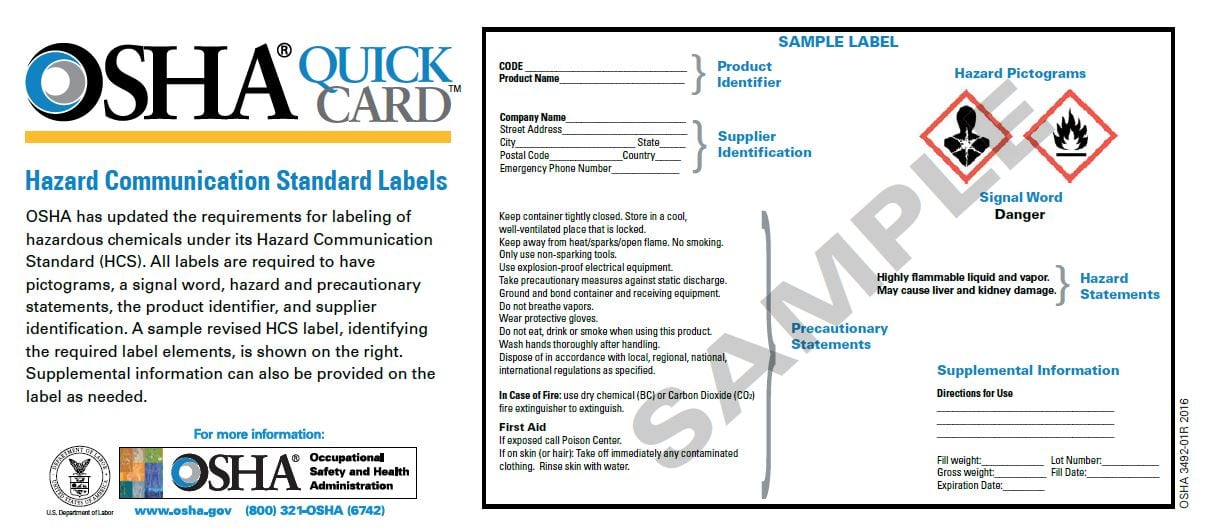 OSHA Quick Card 3492, Hazard Communication Standard Labels