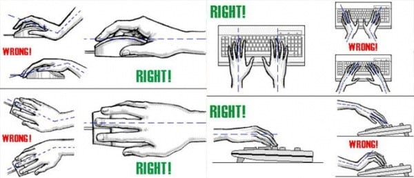 Proper wrist angles for using the keyboard and mouse. Try to eliminate any bending at the wrist, vertically or horizontally.