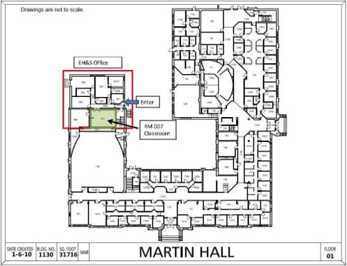 Martin Hall map with box around location of EH&S offices