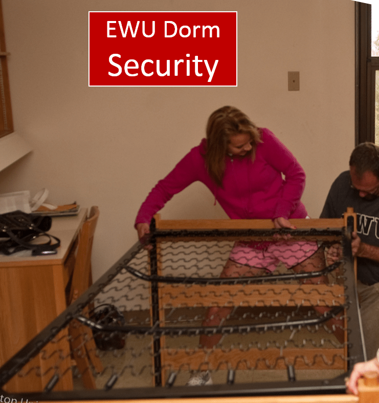 EWU dorm with dorm security poster