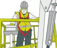 cartoon image of man working in a boom lift
