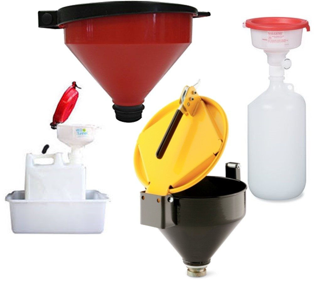 Examples of funnels that attach to containers and have lids.