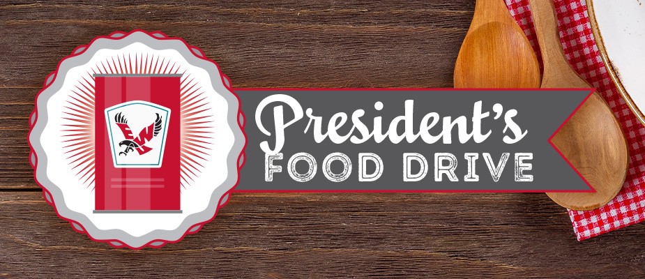 Image of canned food with EWU Eagle and text "President's Food Drive"